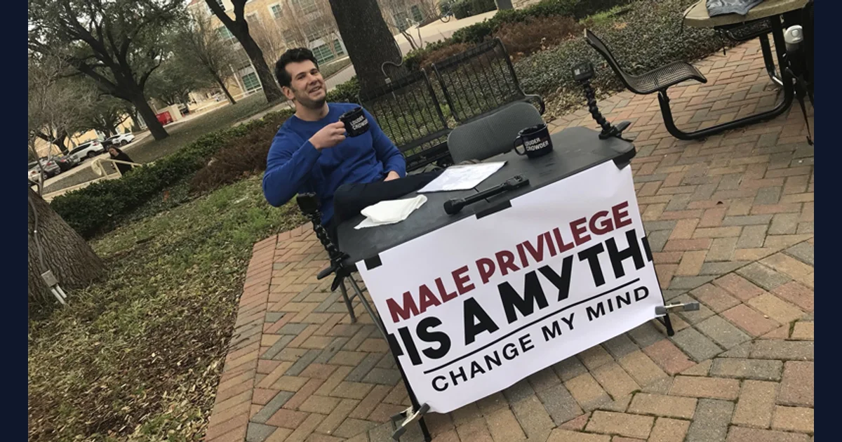 Change My Mind reference photograph of a man behind a table sign (reference preview)