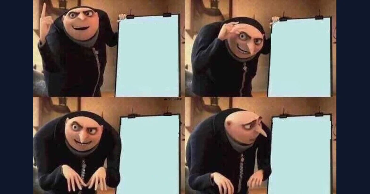 Gru presenting a plan and then looking back at the board in confusion (reference preview)