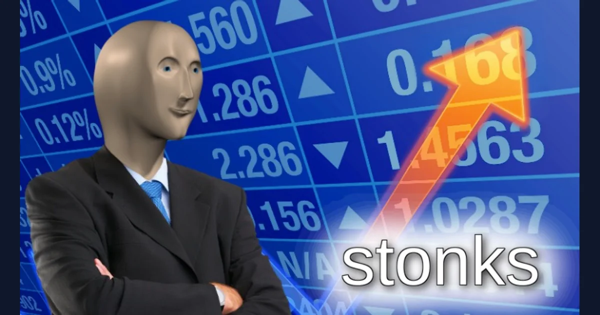 Meme Man standing in front of a market chart in the Stonks reference image (reference preview)