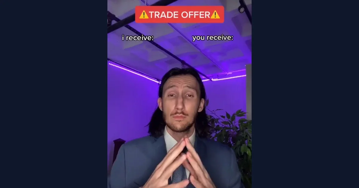Trade Offer blank template with a formal negotiation pose and empty I receive and you receive headings (reference preview)