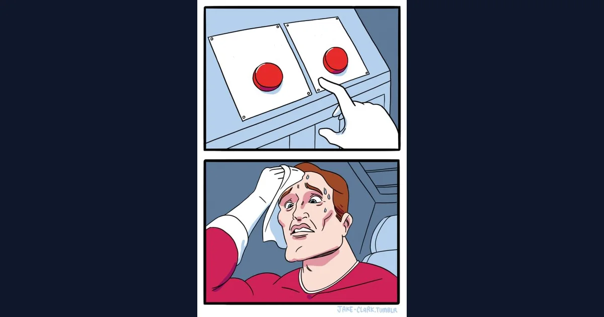 Complete Two Buttons blank comic showing two red choices and the sweating character (reference preview)